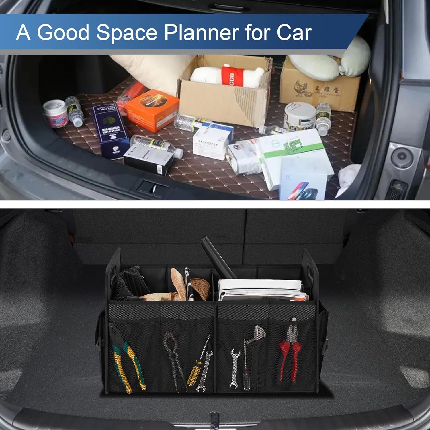 Car Trunk Organizer, Trunk Storage Organizer with 72L Large Capacity Waterproof Collapsible and 11 Pockets, Trunk Organizer for Suv/Jeep/Sedan, Large Size, Black