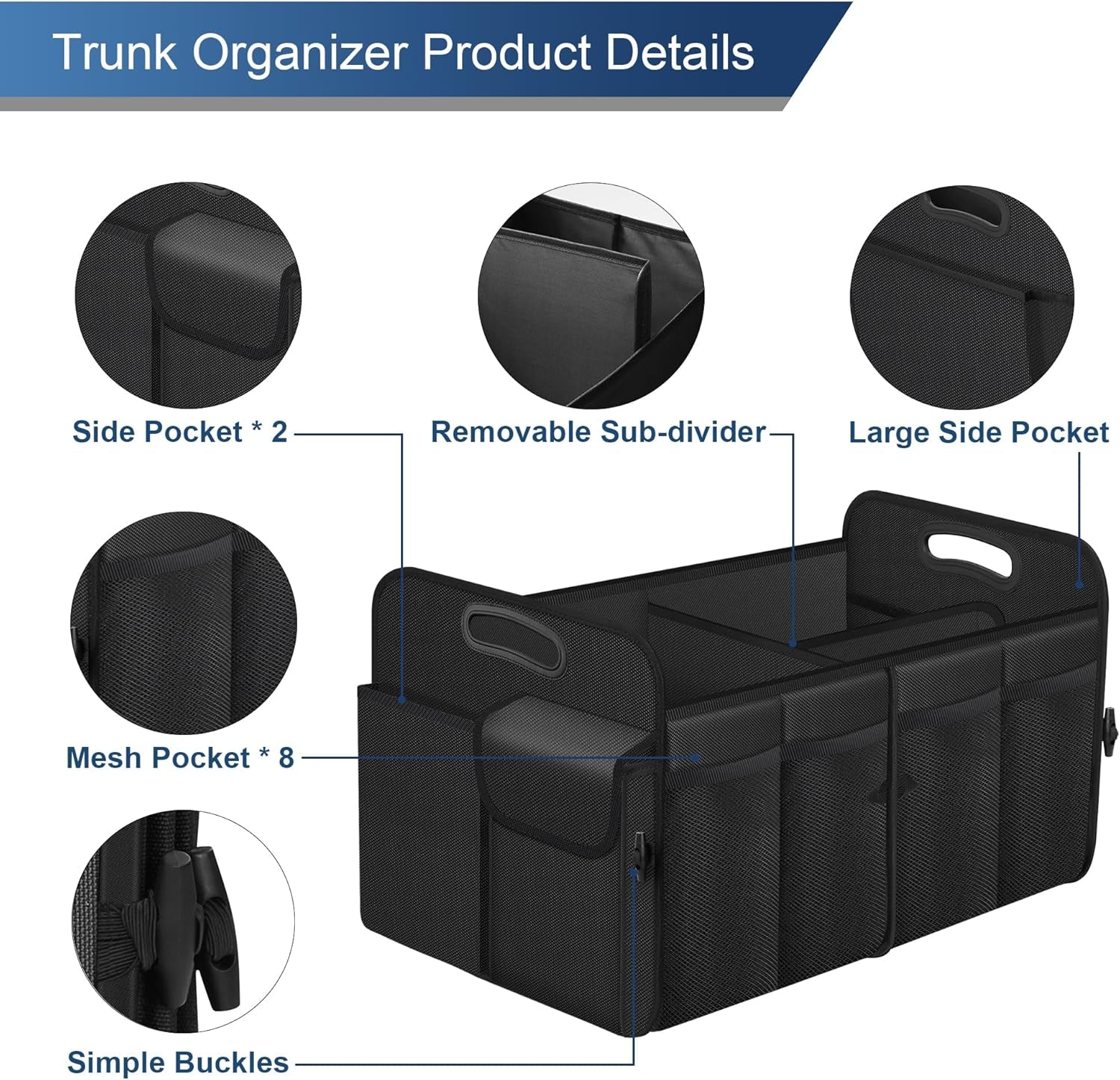 Car Trunk Organizer, Trunk Storage Organizer with 72L Large Capacity Waterproof Collapsible and 11 Pockets, Trunk Organizer for Suv/Jeep/Sedan, Large Size, Black