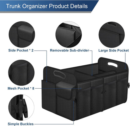 Car Trunk Organizer, Trunk Storage Organizer with 72L Large Capacity Waterproof Collapsible and 11 Pockets, Trunk Organizer for Suv/Jeep/Sedan, Large Size, Black